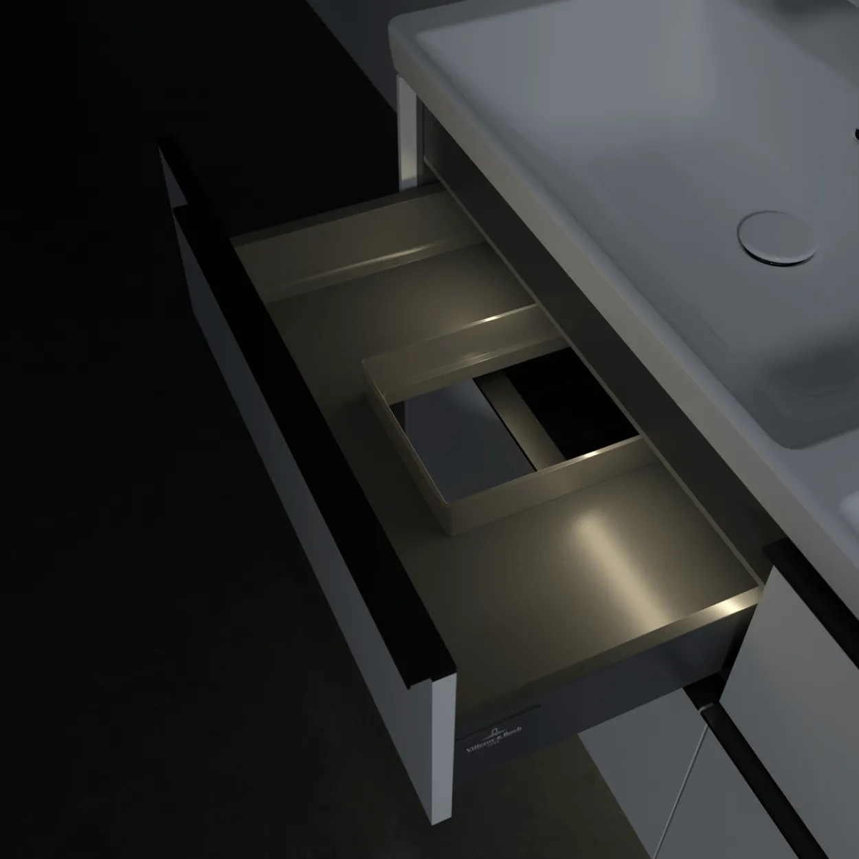 V&b subway 3.0 servantskap 127x57 f/dobbel servant brilliant white m/lys håndtak i volcano black