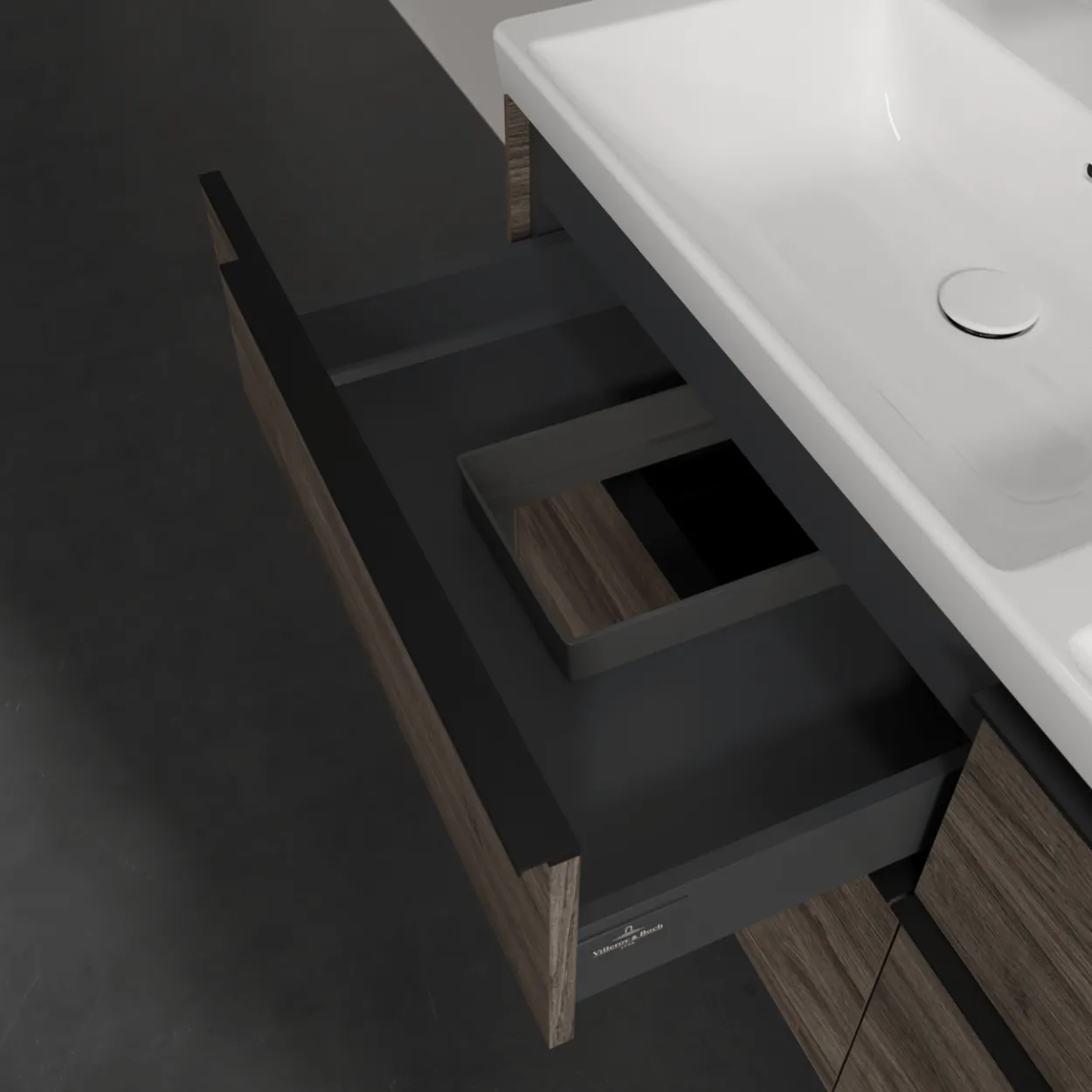 V&b subway 3.0 servantskap 127x57 f/dobbel servant stone oak håndtak i volcano black