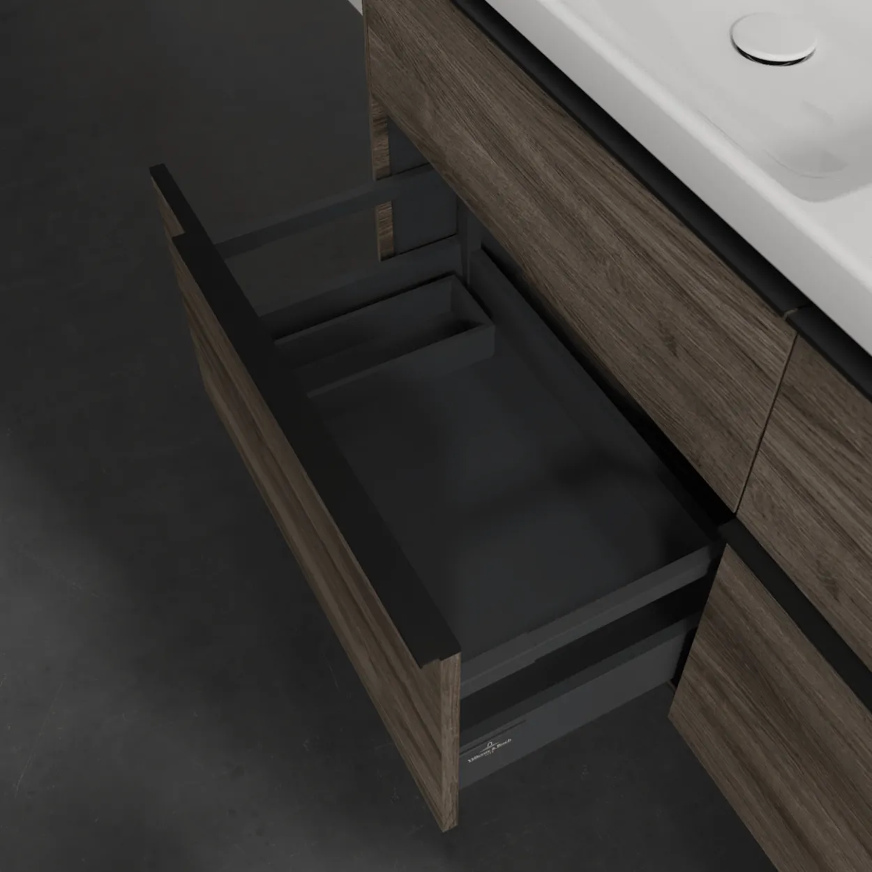 V&b subway 3.0 servantskap 127x57 f/dobbel servant stone oak håndtak i volcano black