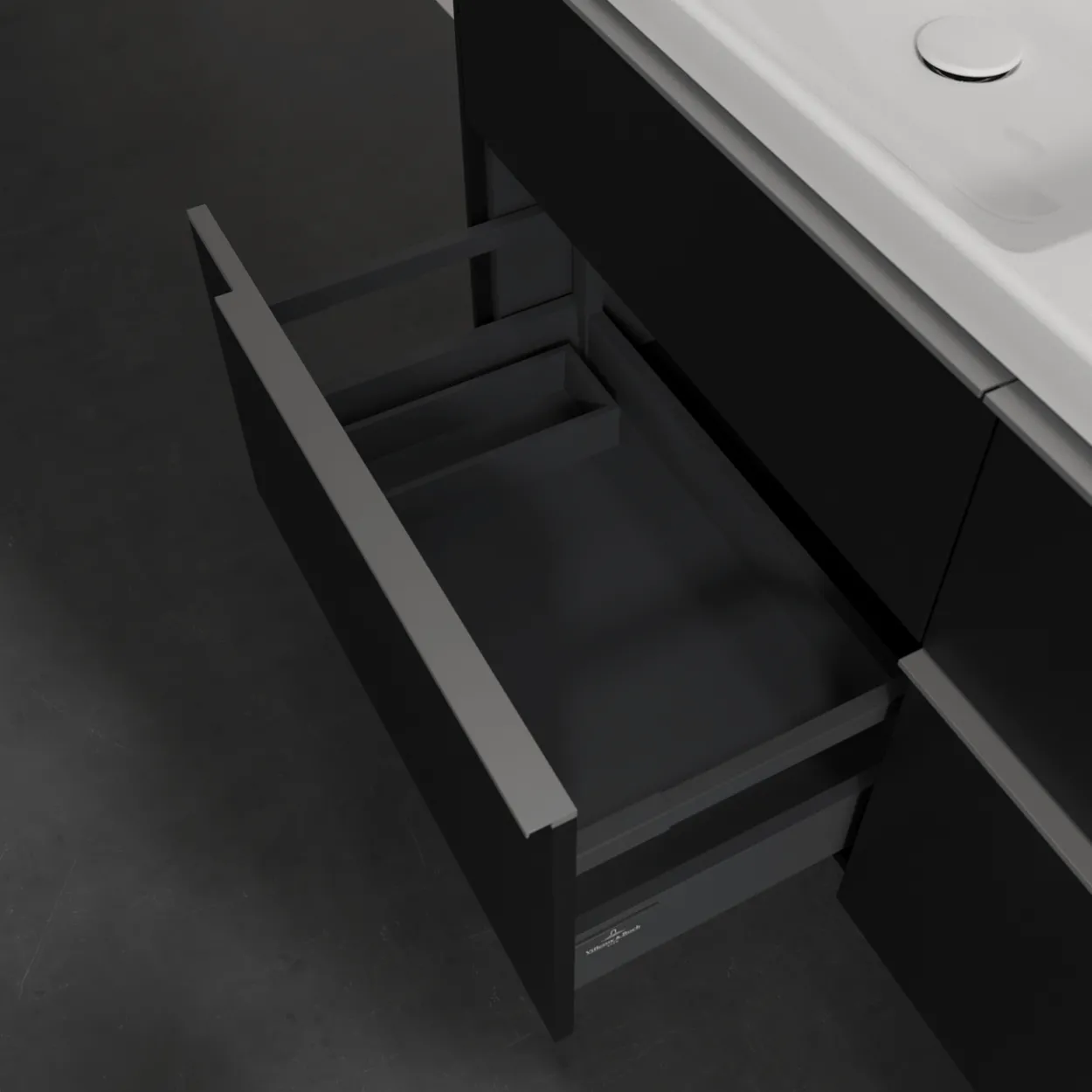 V&b subway 3.0 servantskap 127x57 f/dobbel servant volcano black håndtak i krom