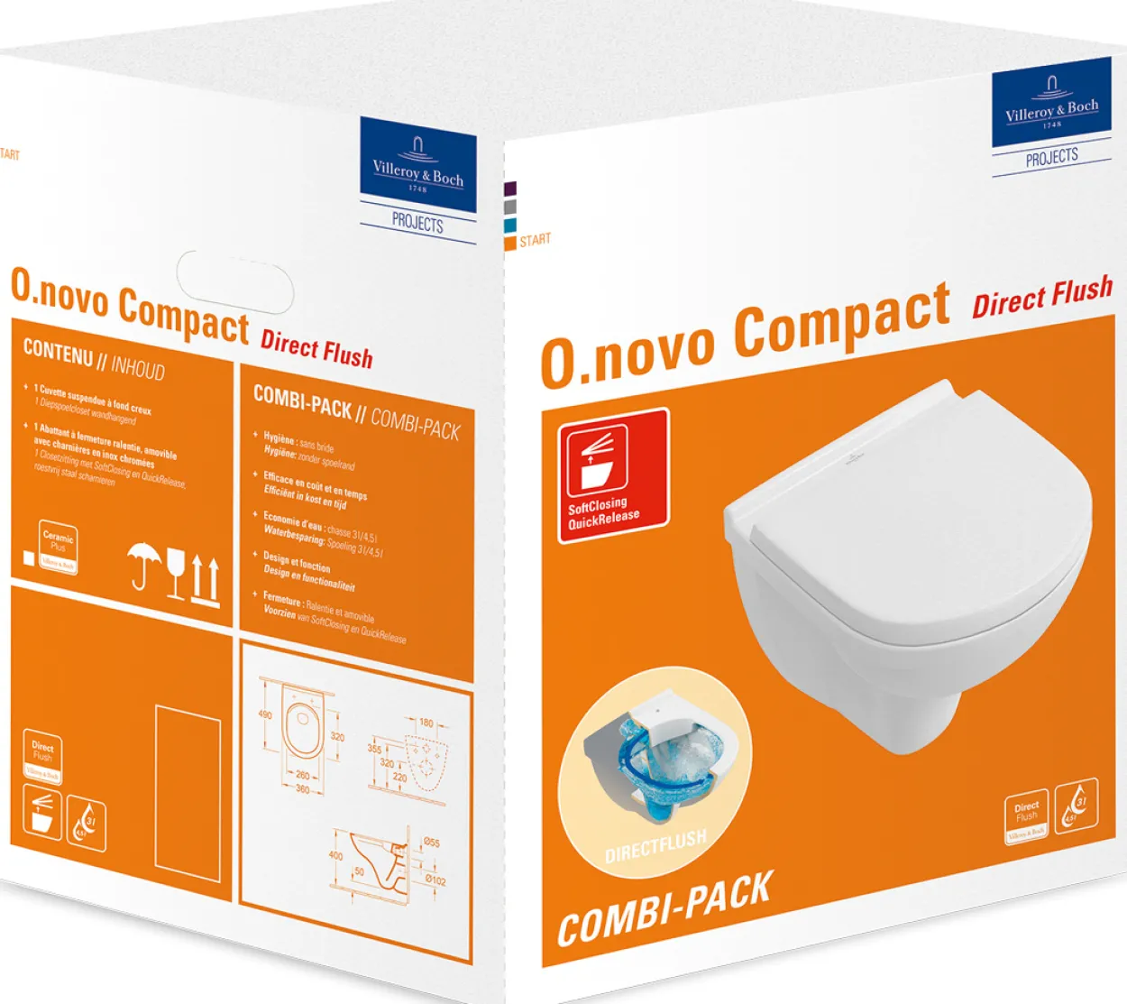 Villeroy & boch o.novo compact veggskål m/toalettsete og åpen spylekant, hvit alpin